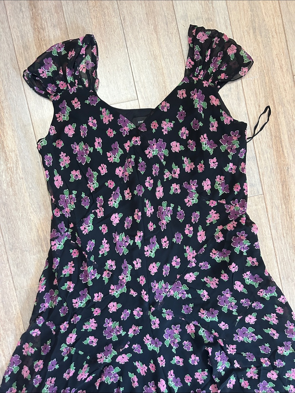 VTG Silk Chiffon Midi Dress with Pink & Green Floral Print bias-cut 16W - Picture 2 of 16